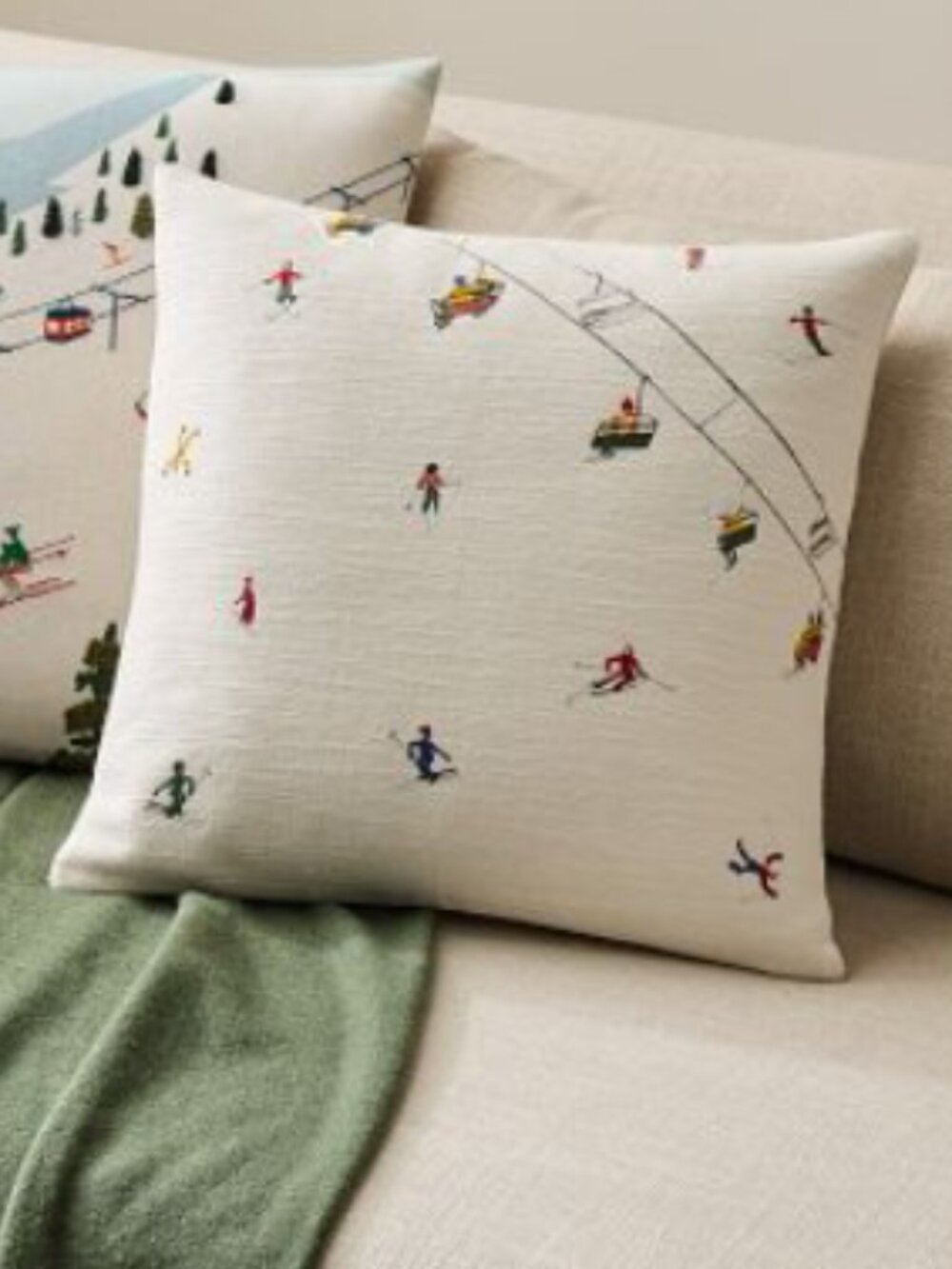 West Elm Embroidered Skier Pillow Cover 18x18 Alabaster Cotton Winter Decor